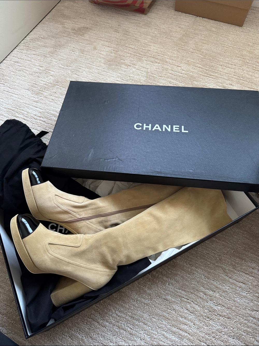 CHANEL Beige Suede Tall Boots with Platform Heel - Picture 1 of 11